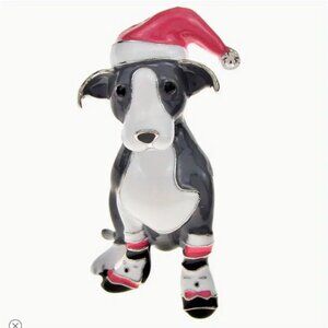 Betsey Johnson Christmas Dog Brooch With Santa Hat & Booties Gray & White